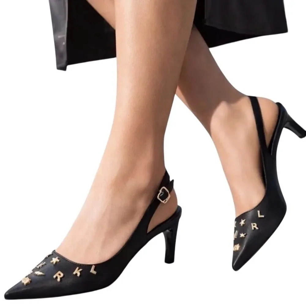 Karl Lagerfeld Paris Black Pointed Slingback Heels with Gold Logo Studs 8,5M
